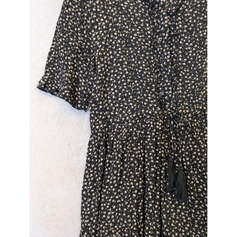 Brass & Roe Midi Dress Women's XS Black Floral Ruffle Collar Tiered - Picture 3 of 11